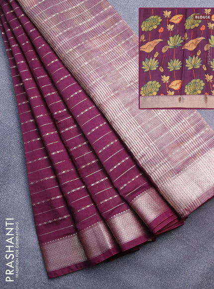 Assam silk saree wine shade with allover zari woven stripes pattern and zari woven border