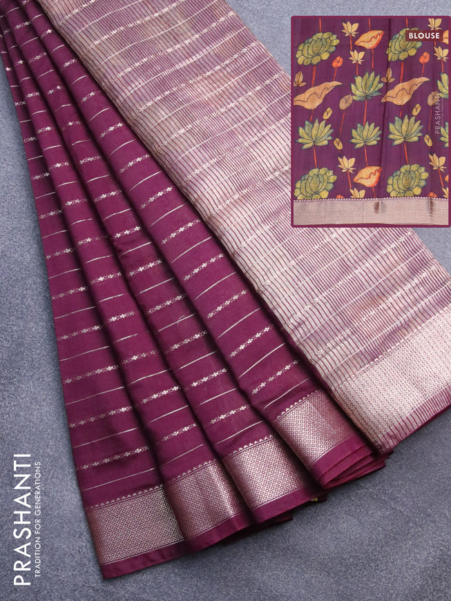 Assam silk saree wine shade with allover zari woven stripes pattern and zari woven border