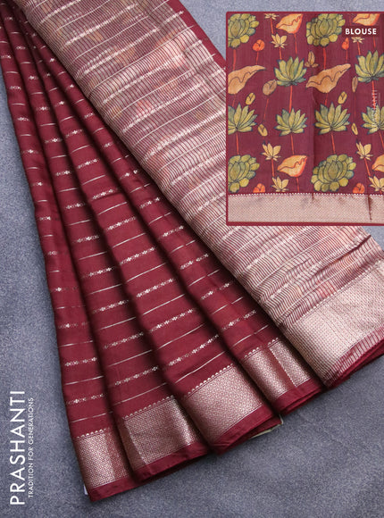 Assam silk saree maroon with allover zari woven stripes pattern and zari woven border