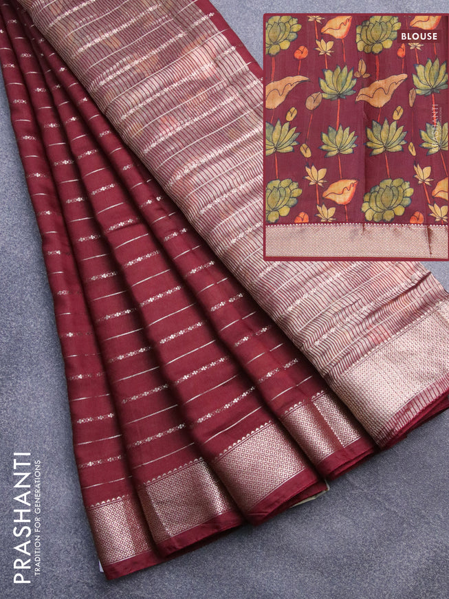 Assam silk saree maroon with allover zari woven stripes pattern and zari woven border