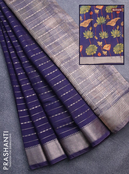 Assam silk saree blue with allover zari woven stripes pattern and zari woven border