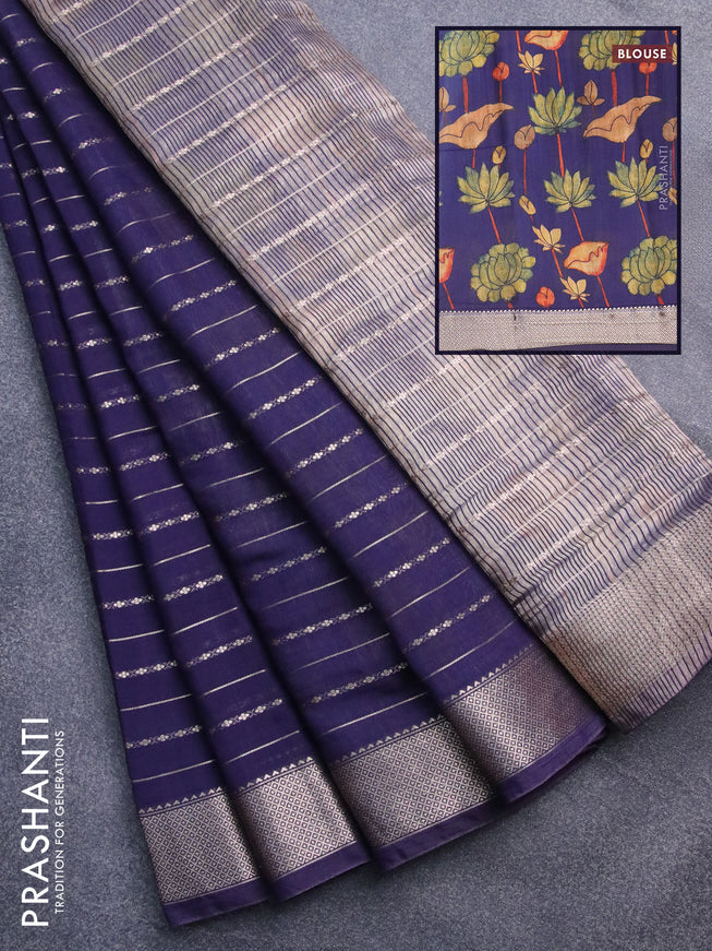 Assam silk saree blue with allover zari woven stripes pattern and zari woven border