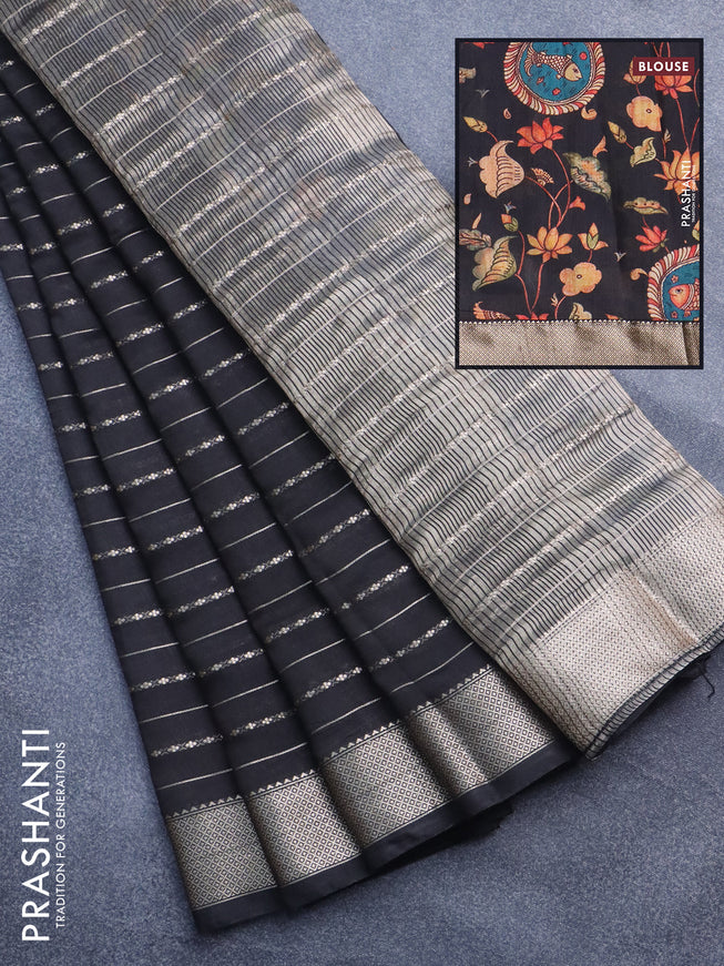 Assam silk saree black with allover zari woven stripes pattern and zari woven border