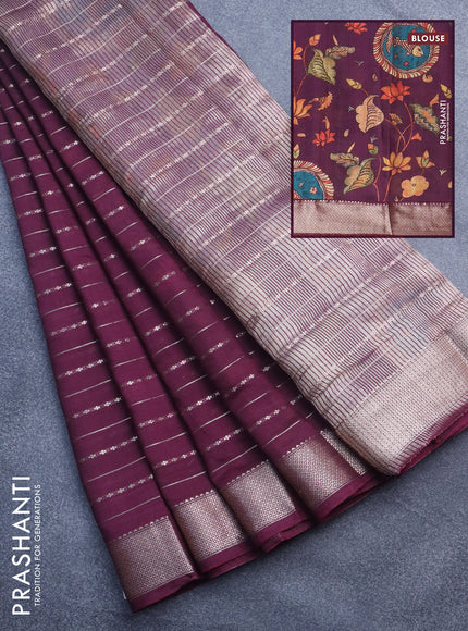 Assam silk saree wine shade with allover zari woven stripes pattern and zari woven border