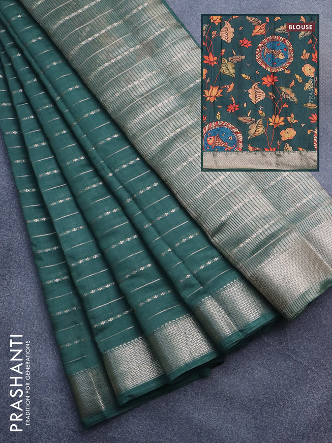 Assam silk saree green with allover zari woven stripes pattern and zari woven border