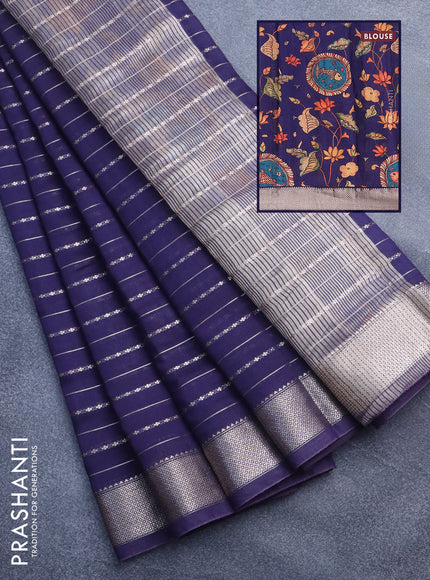 Assam silk saree blue with allover zari woven stripes pattern and zari woven border