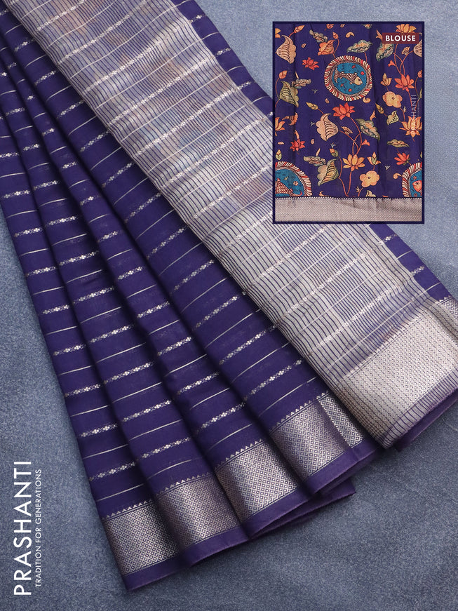 Assam silk saree blue with allover zari woven stripes pattern and zari woven border