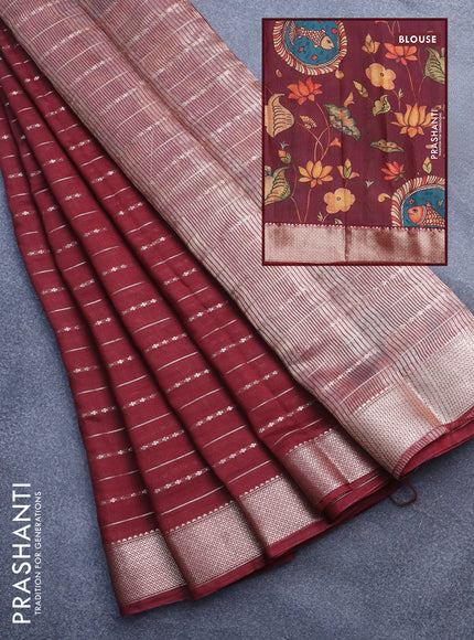 Assam silk saree maroon with allover zari woven stripes pattern and zari woven border