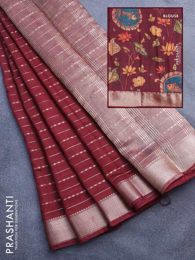 Assam silk saree maroon with allover zari woven stripes pattern and zari woven border