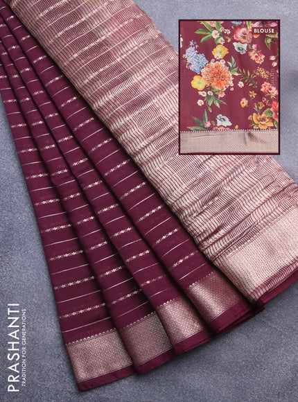 Assam silk saree wine shade with allover zari woven stripes pattern and zari woven border