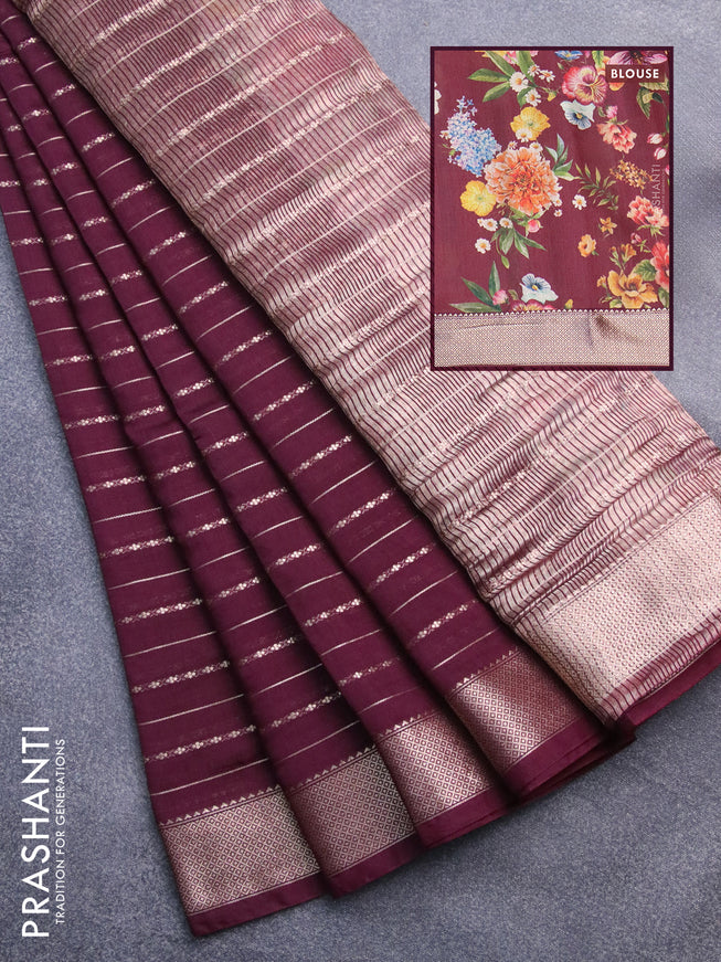 Assam silk saree wine shade with allover zari woven stripes pattern and zari woven border