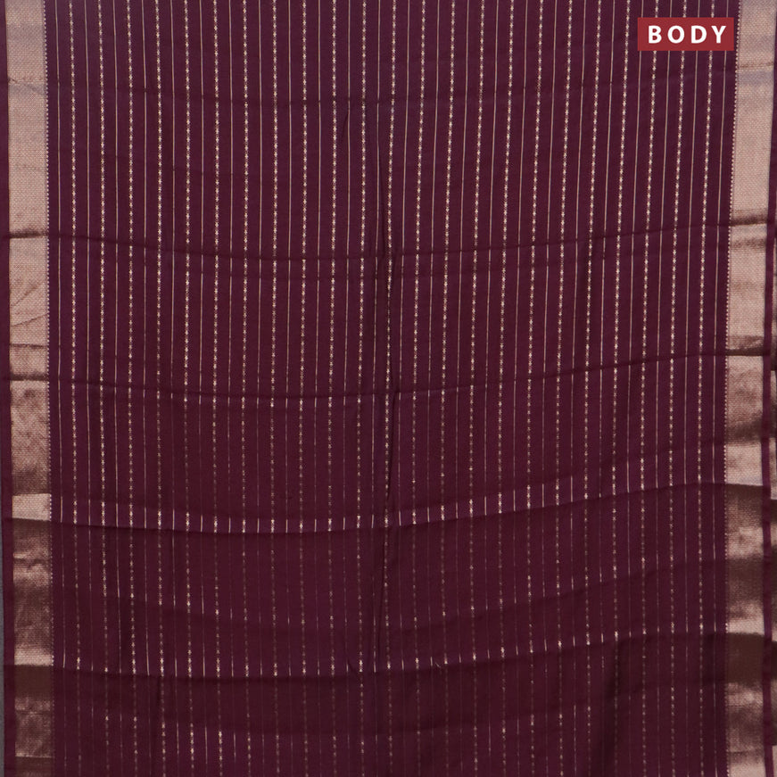 Assam silk saree wine shade with allover zari woven stripes pattern and zari woven border