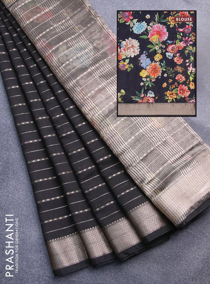 Assam silk saree black with allover zari woven stripes pattern and zari woven border