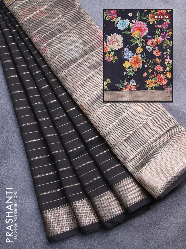 Assam silk saree black with allover zari woven stripes pattern and zari woven border