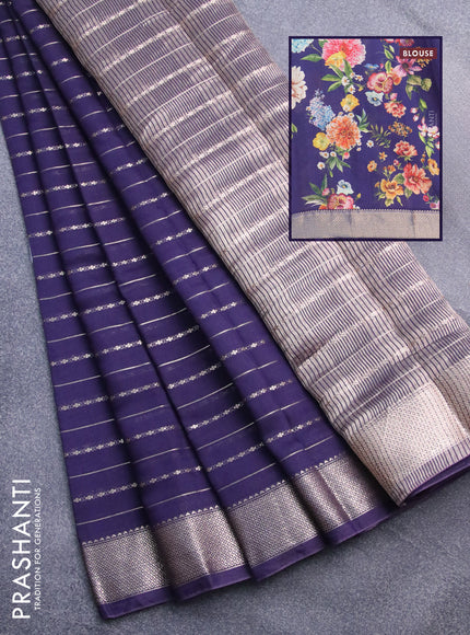 Assam silk saree blue with allover zari woven stripes pattern and zari woven border