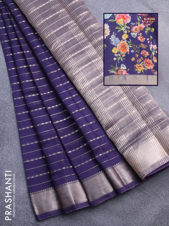 Assam silk saree blue with allover zari woven stripes pattern and zari woven border