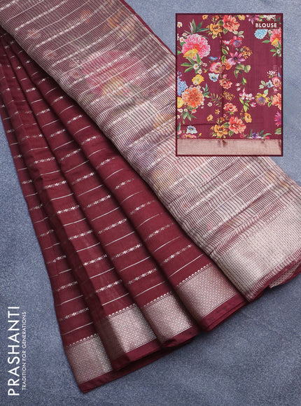 Assam silk saree maroon with allover zari woven stripes pattern and zari woven border