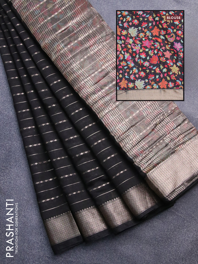 Assam silk saree black with allover zari woven stripes pattern and zari woven border