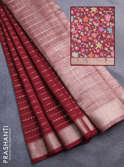 Assam silk saree maroon with allover zari woven stripes pattern and zari woven border