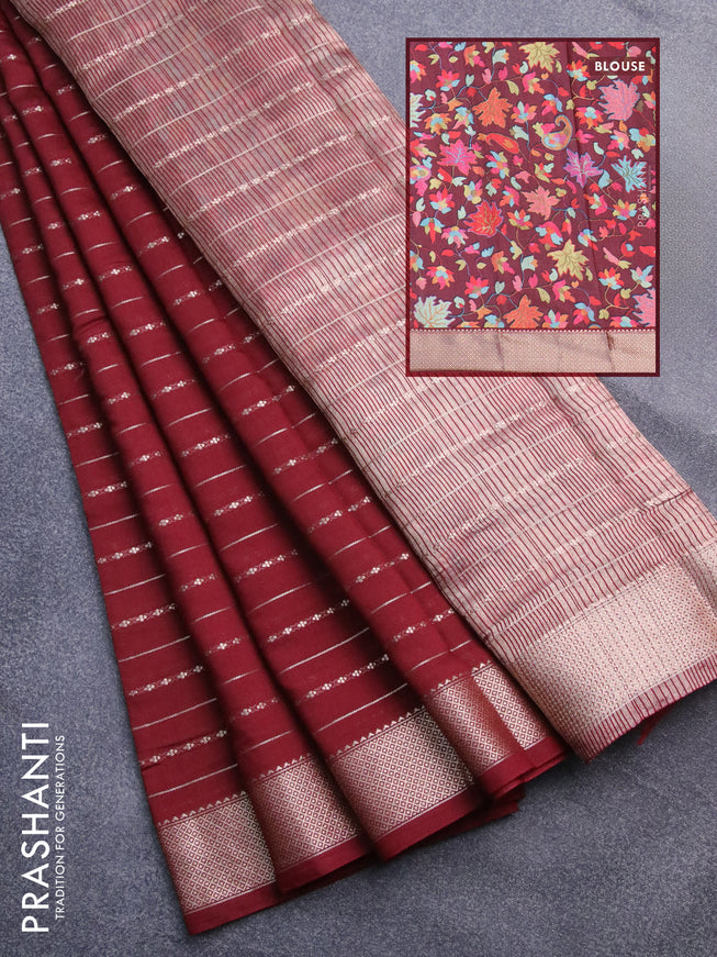 Assam silk saree maroon with allover zari woven stripes pattern and zari woven border