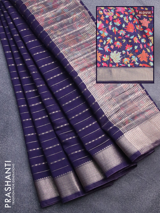 Assam silk saree blue with allover zari woven stripes pattern and zari woven border