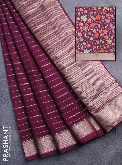 Assam silk saree wine shade with allover zari woven stripes pattern and zari woven border