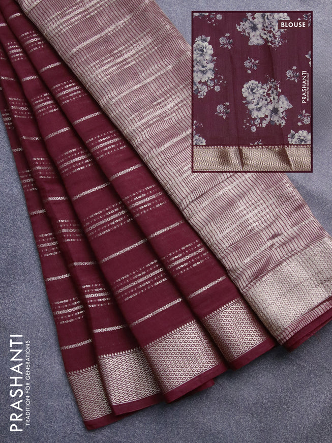 Assam silk saree maroon with allover zari woven stripes pattern and zari woven border