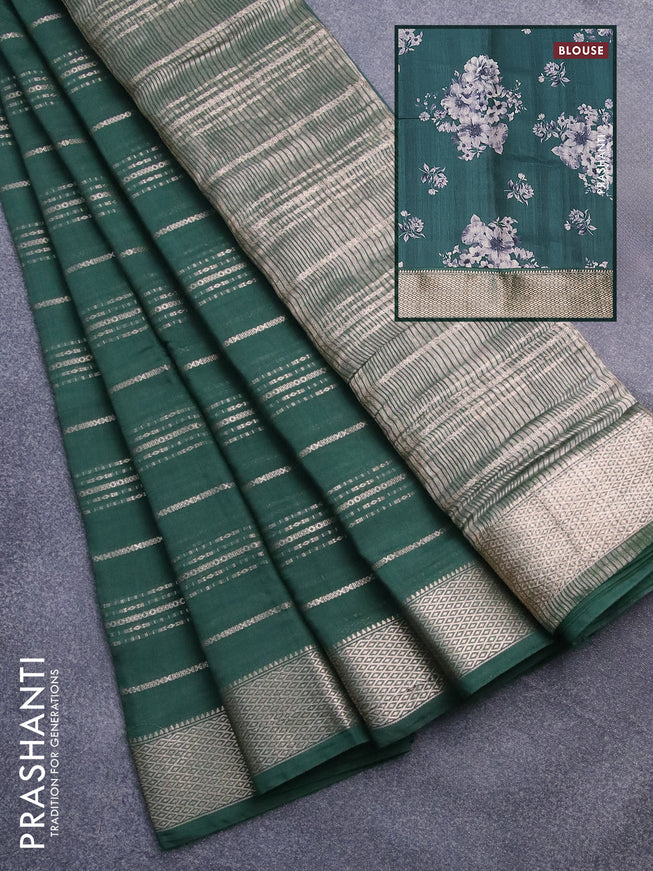 Assam silk saree green with allover zari woven stripes pattern and zari woven border