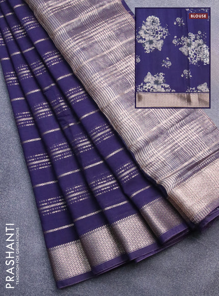 Assam silk saree blue with allover zari woven stripes pattern and zari woven border