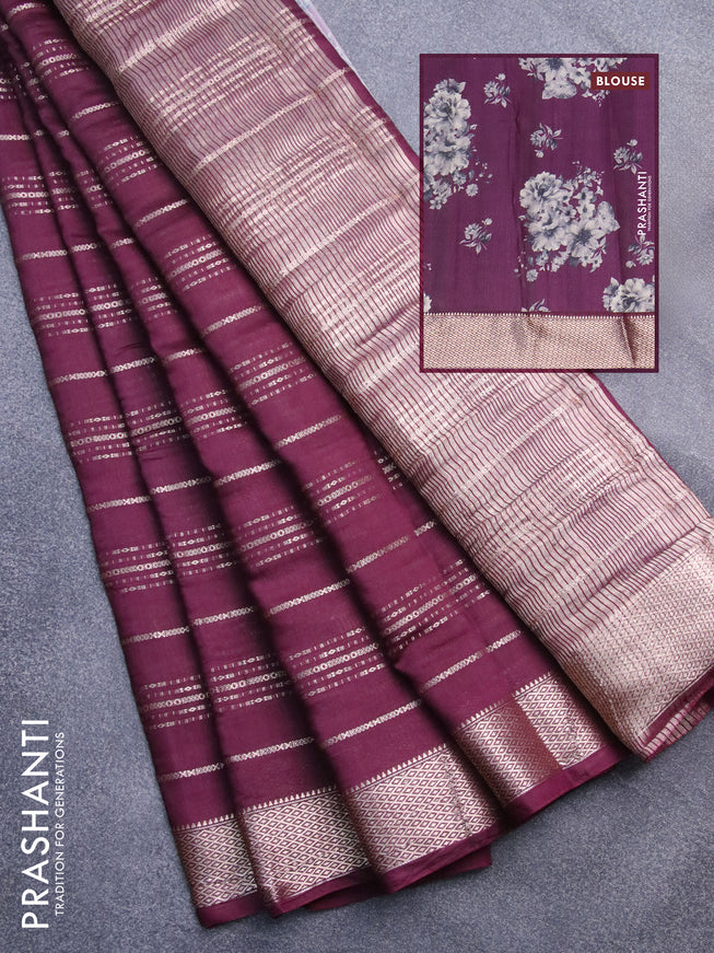 Assam silk saree wine shade with allover zari woven stripes pattern and zari woven border