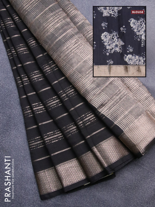 Assam silk saree black with allover zari woven stripes pattern and zari woven border