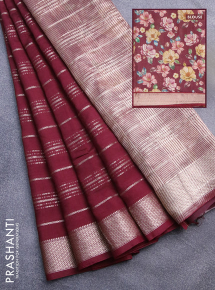 Assam silk saree maroon with allover zari woven stripes pattern and zari woven border