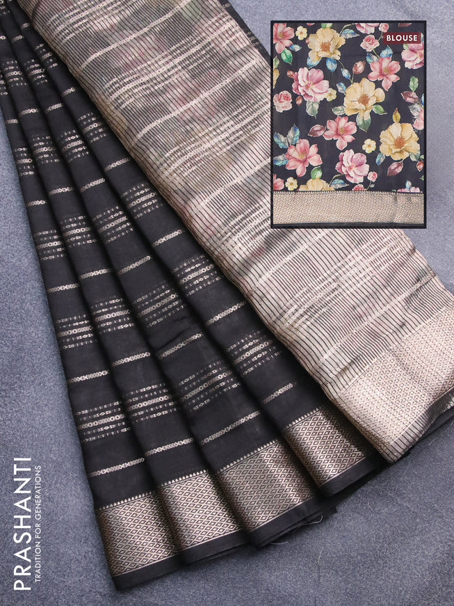 Assam silk saree black with allover zari woven stripes pattern and zari woven border