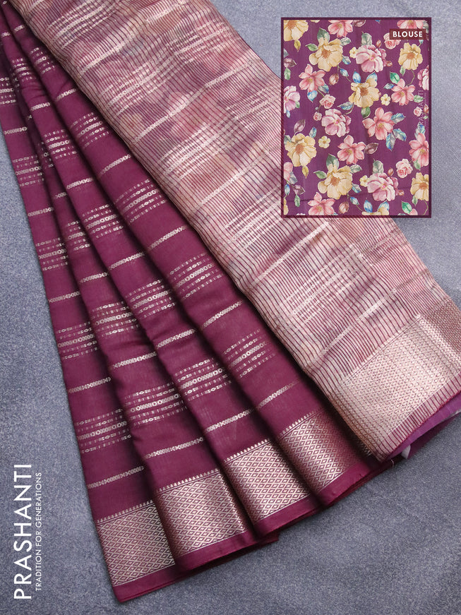 Assam silk saree wine shade with allover zari woven stripes pattern and zari woven border