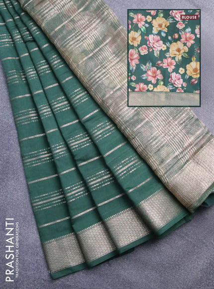 Assam silk saree green with allover zari woven stripes pattern and zari woven border