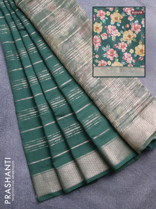 Assam silk saree green with allover zari woven stripes pattern and zari woven border