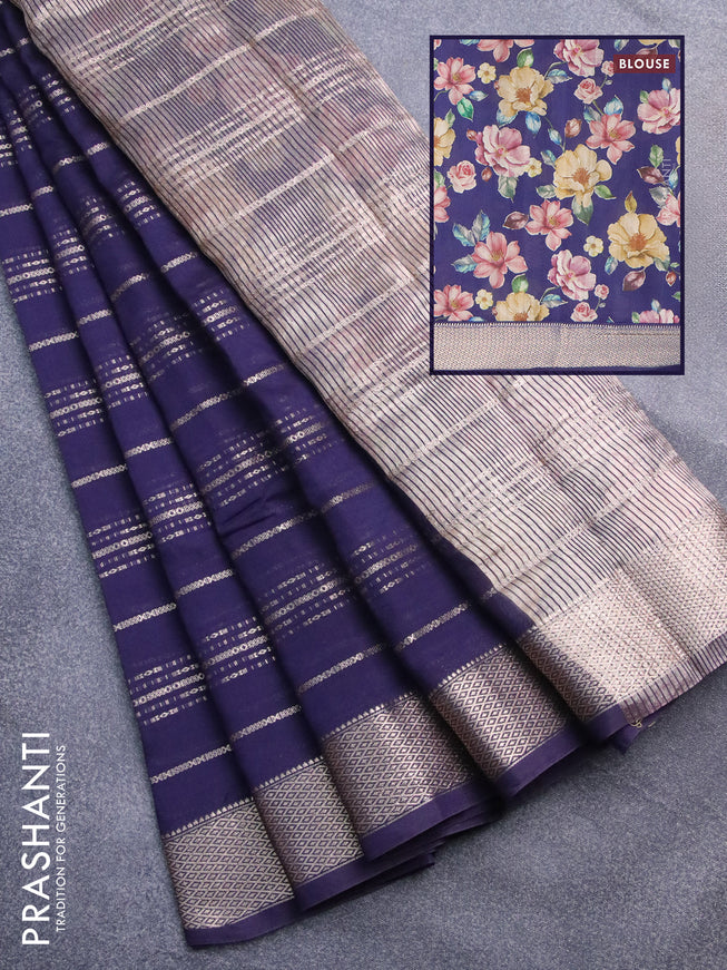 Assam silk saree blue with allover zari woven stripes pattern and zari woven border