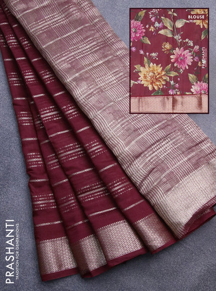 Assam silk saree maroon with allover zari woven stripes pattern and zari woven border