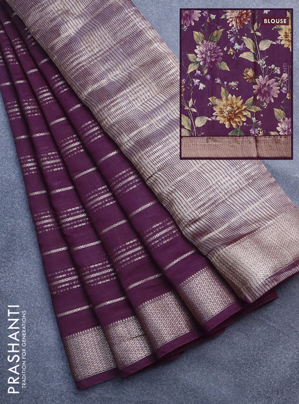 Assam silk saree wine shade with allover zari woven stripes pattern and zari woven border