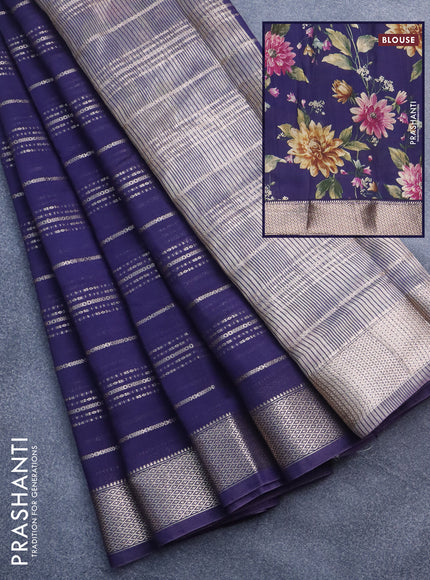 Assam silk saree blue with allover zari woven stripes pattern and zari woven border