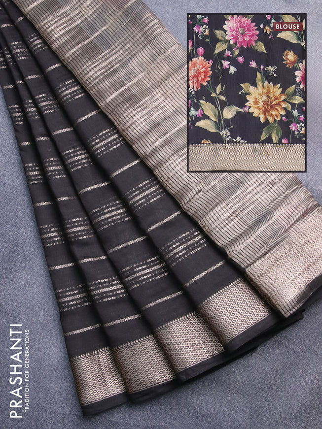 Assam silk saree black with allover zari woven stripes pattern and zari woven border