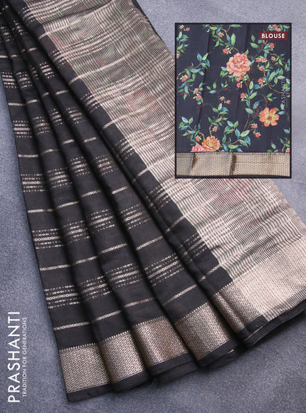 Assam silk saree black with allover zari woven stripes pattern and zari woven border