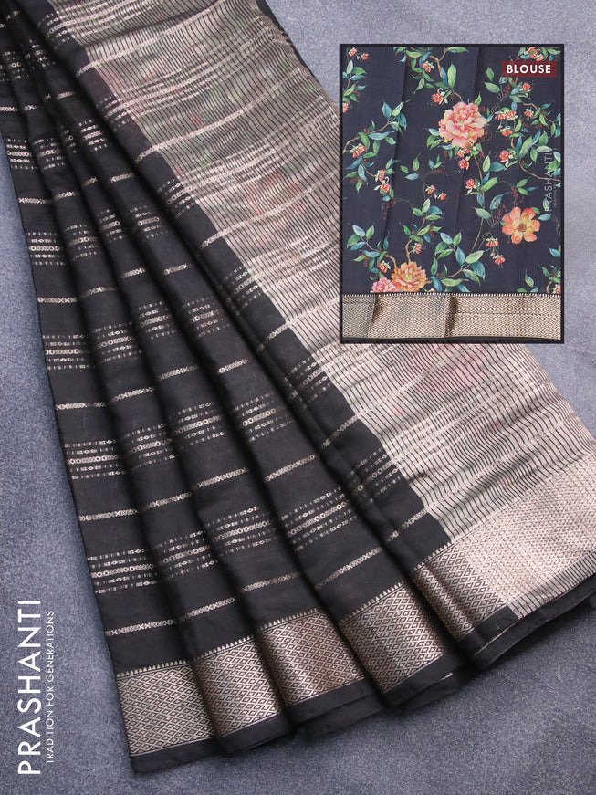 Assam silk saree black with allover zari woven stripes pattern and zari woven border