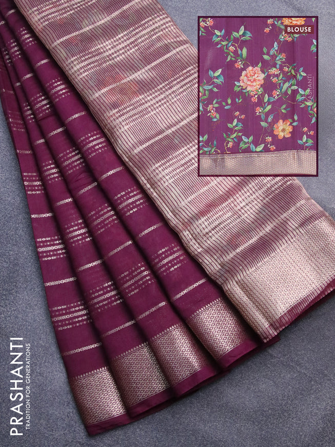 Assam silk saree wine shade with allover zari woven stripes pattern and zari woven border