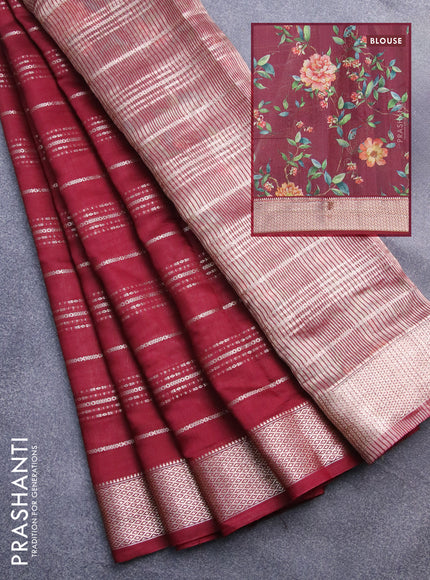 Assam silk saree maroon with allover zari woven stripes pattern and zari woven border