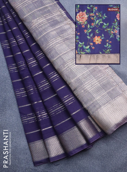 Assam silk saree blue with allover zari woven stripes pattern and zari woven border