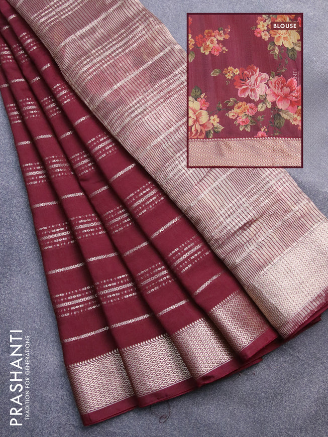 Assam silk saree maroon with allover zari woven stripes pattern and zari woven border