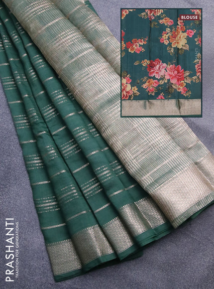 Assam silk saree green with allover zari woven stripes pattern and zari woven border