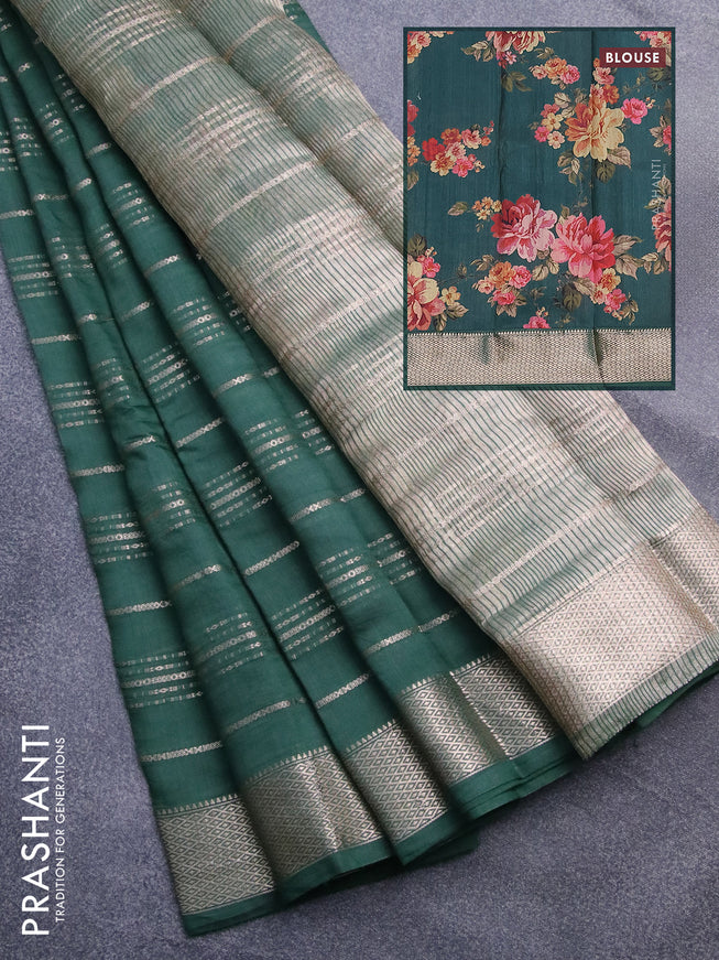 Assam silk saree green with allover zari woven stripes pattern and zari woven border