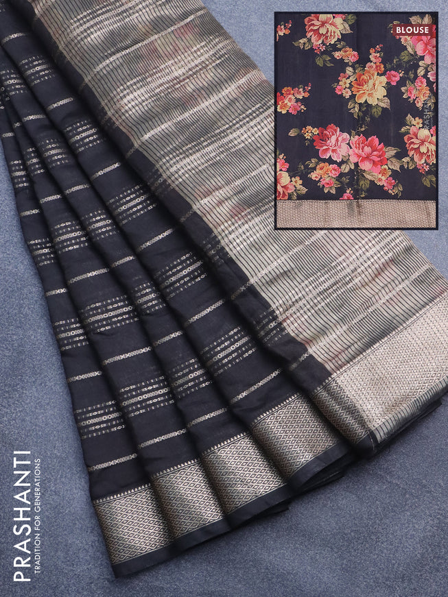 Assam silk saree black with allover zari woven stripes pattern and zari woven border